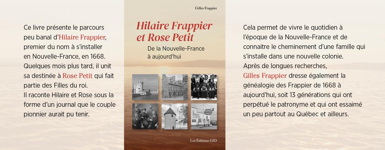 Bandeau présenant le nouveau livre Hilaire Frappier et Rose Petit, de la Nouvelle-France à aujourd’hui