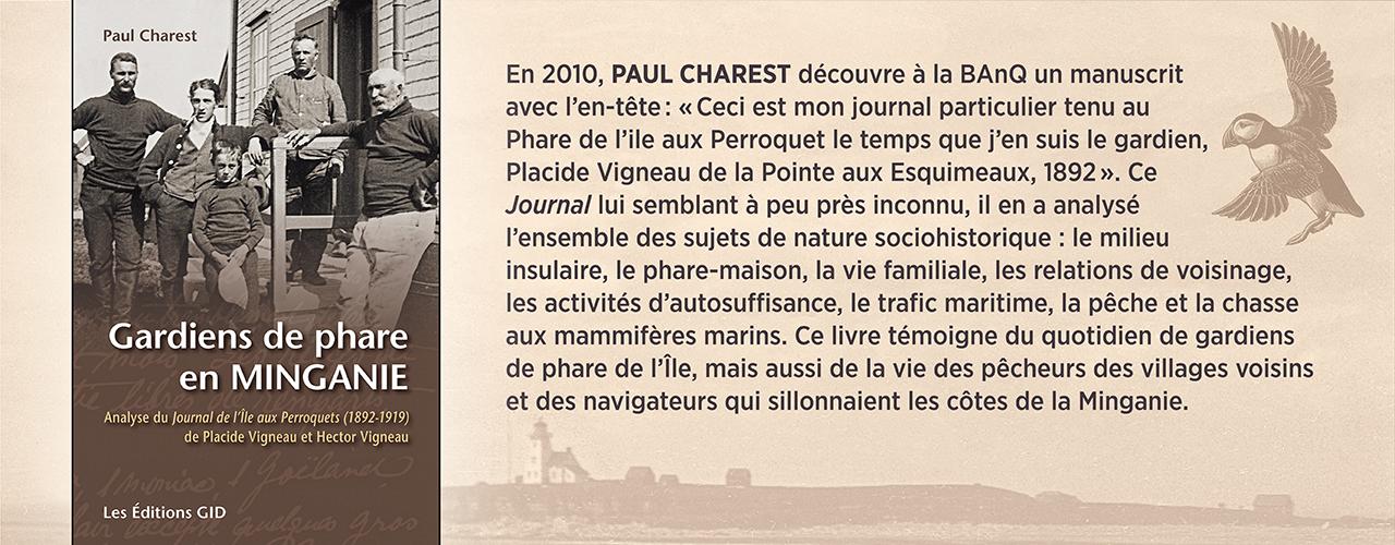 Bandeau annonçant la parution et décricant le nouveau livre Gardiens de phare en Minganie, Analyse du Journal de l’Île aux Perroquets (1892-1919) de Placide Vigneau et Hector Vigneau