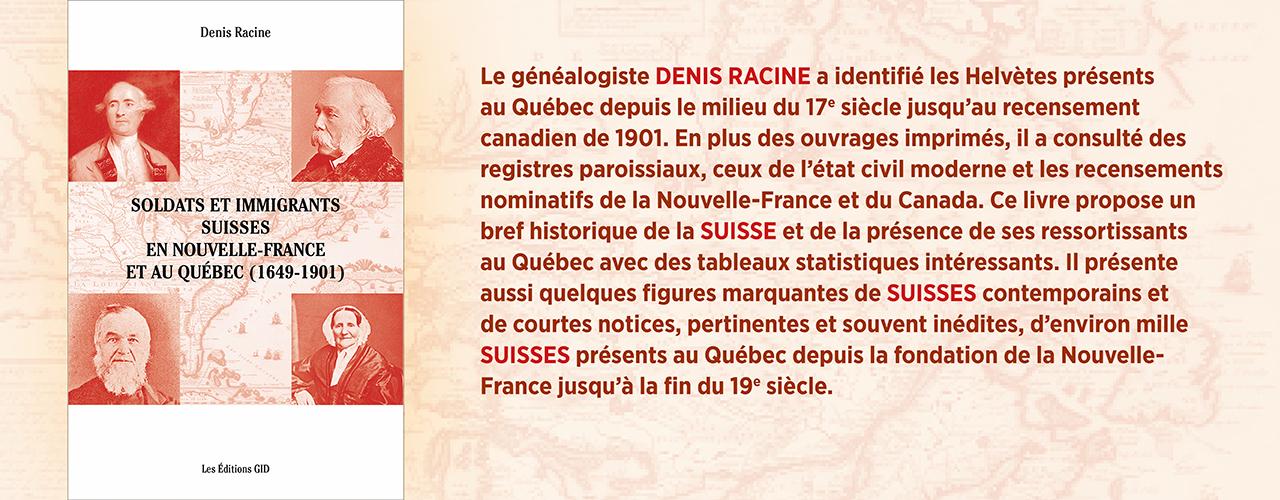 Bandeau annonçant la parution et décricant le nouveau livre Soldats et immigrants suisses en Nouvelle-France et au Québec (1649-1901)