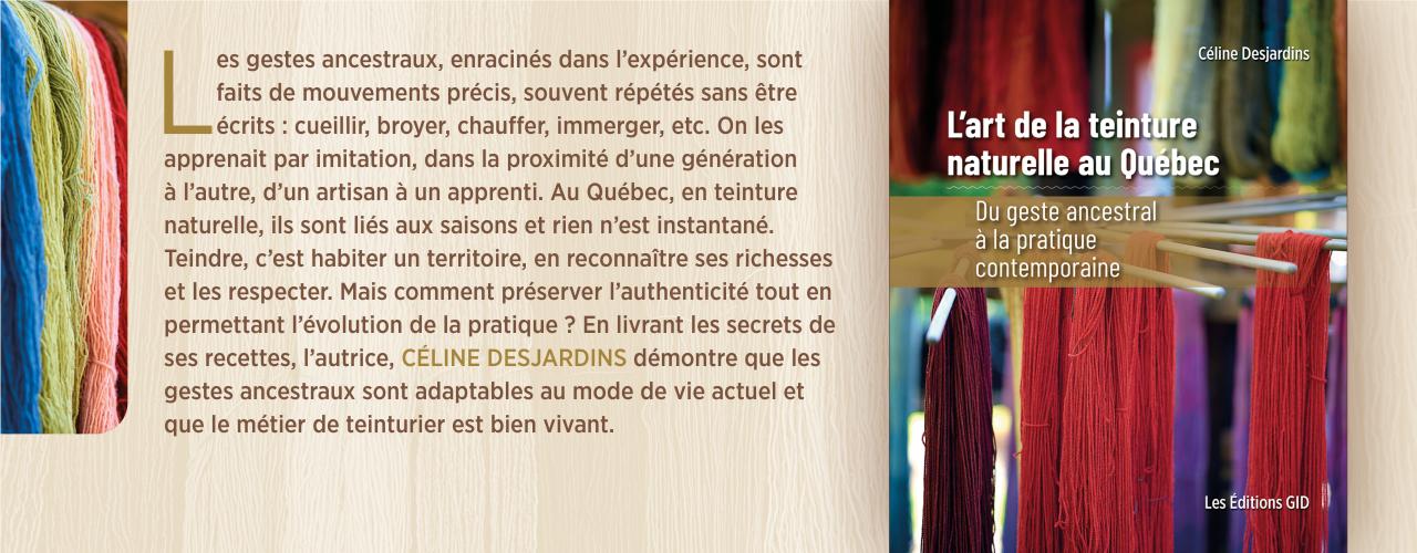 Bandeau annonçant le livre L’art de la teinture naturelle au Québec, du geste ancestral à la pratique contemporaine
